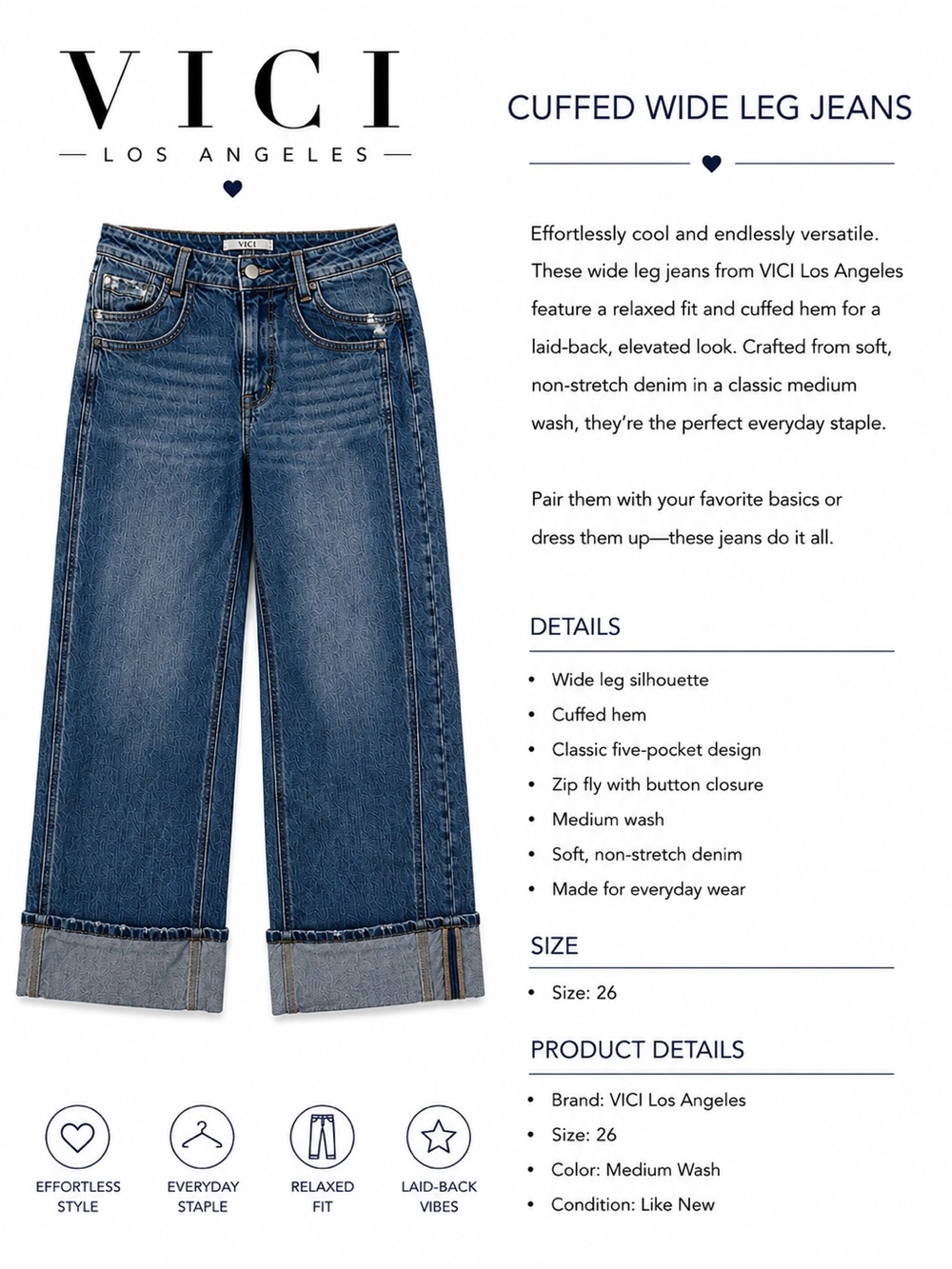 VICI Medium Wash Blue Cuffed Wide-Leg Jeans
